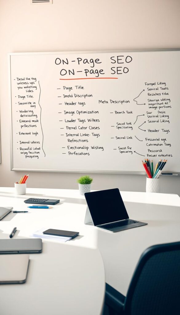 A clean, modern office desk with a laptop, smartphone, and various office supplies. In the background, a large whiteboard displays a visual representation of on-page SEO best practices, including elements like page title, meta description, header tags, image optimization, and internal linking. The lighting is bright and natural, creating a productive and professional atmosphere. The overall scene conveys the importance of implementing effective on-page SEO strategies to improve a website's visibility and performance in local search results.
