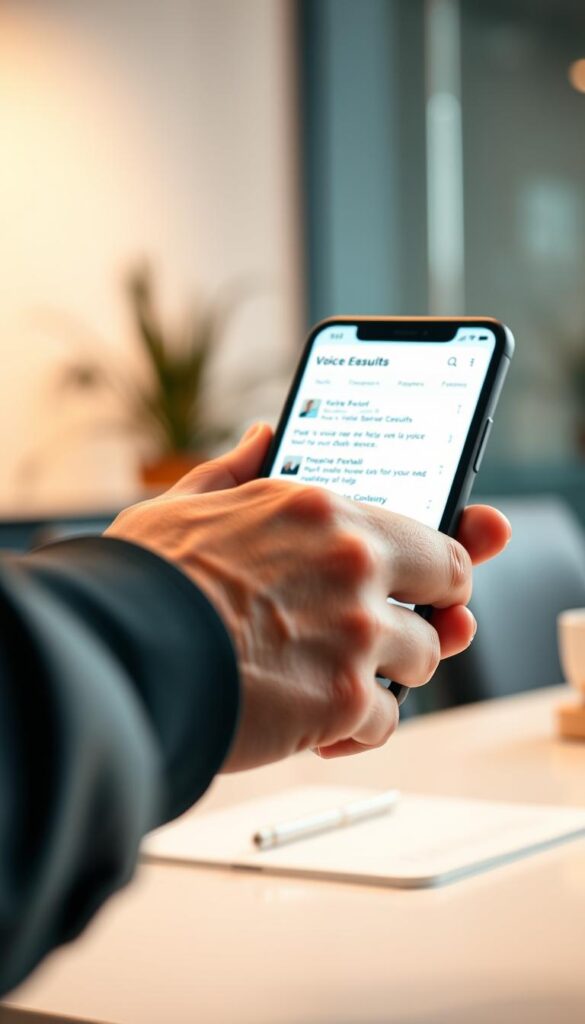 A close-up shot of a human hand using a smartphone or tablet, with the screen displaying voice search optimization results. The foreground should be well-lit, with a soft, warm lighting that highlights the details of the hand and the device. The background should be slightly blurred, suggesting a modern, minimalist office or home environment. The overall mood should convey the importance and relevance of voice search optimization for businesses, with a sense of technology, efficiency, and digital transformation.