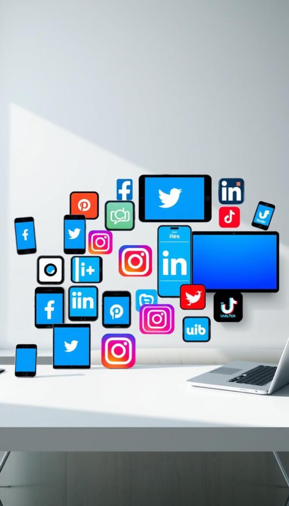 A collage of various social media platforms displayed on modern devices, illuminated by a soft, natural lighting. The foreground features an array of sleek smartphones, tablets, and laptops showcasing the logos and interfaces of popular platforms such as Facebook, Twitter, Instagram, LinkedIn, and TikTok. The middle ground depicts a seamless integration of these digital tools, highlighting their connectivity and the ease of cross-platform engagement. The background subtly suggests a professional, minimalist office setting, emphasizing the role of social media in a business context. The overall composition conveys a sense of sophistication, accessibility, and the power of social media as a strategic tool for growth.