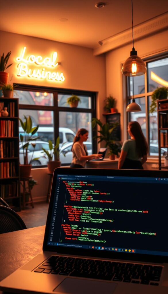 A cozy local business interior with a neon sign reading "Local Business" hanging on the wall. The space is illuminated by warm, soft lighting, creating a welcoming atmosphere. In the foreground, a laptop displays a schema markup code snippet, while in the middle ground, a customer service representative assists a customer. The background features bookshelves, potted plants, and a window offering a view of a bustling city street. The overall scene conveys the importance of schema markup for local businesses to enhance their online presence and visibility.