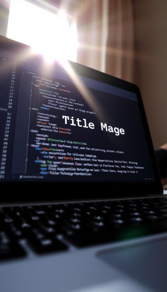 A crisp, well-lit close-up photograph of a laptop screen displaying an HTML code editor. The editor window shows a meticulously crafted title tag, its text elegantly formatted and highlighted. Sunlight streams through a nearby window, casting a warm glow on the scene. The keyboard in the foreground is minimal and clean, suggesting a professional workspace. The overall composition conveys a sense of focus, attention to detail, and the importance of optimizing title tags for maximum impact and visibility.