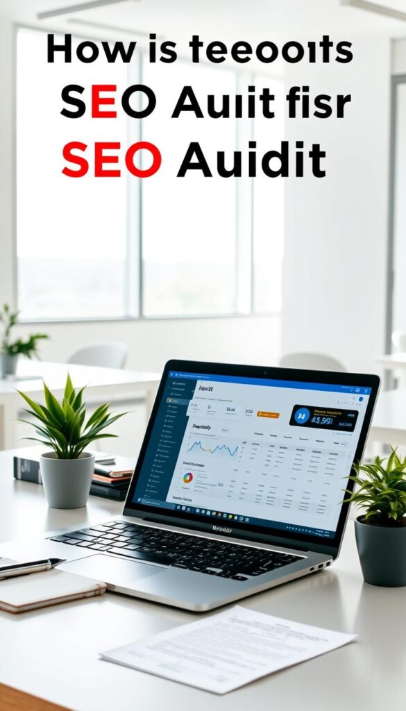 A crisp, well-lit photograph of a modern office workspace, featuring a laptop computer displaying an SEO audit dashboard on the screen. The desk surface is uncluttered, with a notepad, pen, and a small potted plant adding a touch of greenery. The background showcases a minimalist, airy office environment with large windows allowing natural light to stream in, creating a calming and productive atmosphere. The overall composition conveys the importance of regularly conducting SEO audits to maintain a strong online presence, presented in a visually appealing and informative manner.