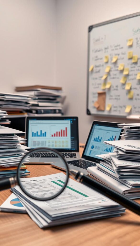 A crisp, well-lit scene of a modern office desk, partially obscured by stacked folders, printouts, and digital devices. In the foreground, a magnifying glass hovers over a spreadsheet, highlighting key data points. The middle ground features a laptop screen displaying visualizations and charts, while the background showcases a whiteboard covered in handwritten notes and sticky tabs. The overall atmosphere conveys a sense of focused, analytical research, with a touch of organized chaos.