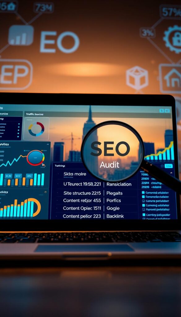 A detailed SEO audit dashboard composed of various analytical components. In the foreground, a laptop screen displays real-time website metrics, traffic sources, and keyword rankings. In the middle ground, a magnifying glass highlights the technical SEO factors being analyzed, such as site structure, content optimization, and backlink profile. The background features a city skyline bathed in a soft, warm lighting, suggesting the broader digital landscape in which the audit takes place. The scene conveys a sense of data-driven insights, strategic planning, and the pursuit of online visibility and authority.
