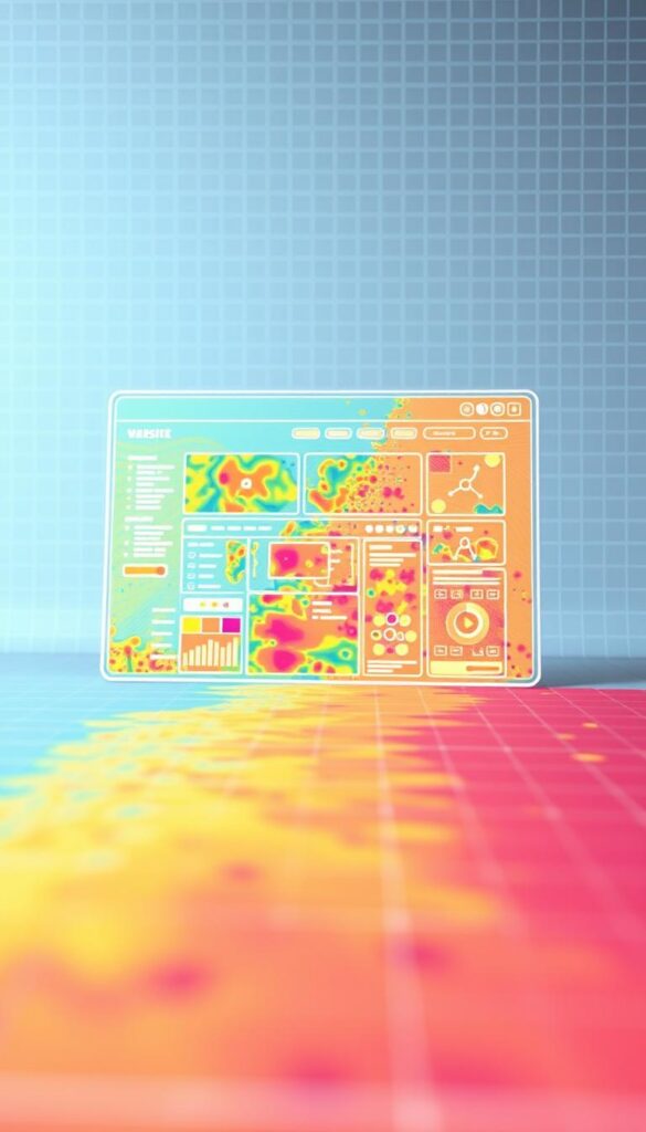 A detailed user experience heatmap showcasing website visitor interactions and engagement patterns. The foreground depicts a vibrant, colorful overlay highlighting high-traffic areas, hot spots, and user flow across the website. The middle ground features a sleek, minimalist wireframe layout of the website, allowing the viewer to clearly understand the overall design and structure. In the background, a soft, muted grid-like pattern creates a sense of depth and technical sophistication. The lighting is crisp and directional, casting subtle shadows and highlights to enhance the visualization. The overall mood is analytical, data-driven, and visually compelling, reflecting the importance of understanding user experience for improving website performance.