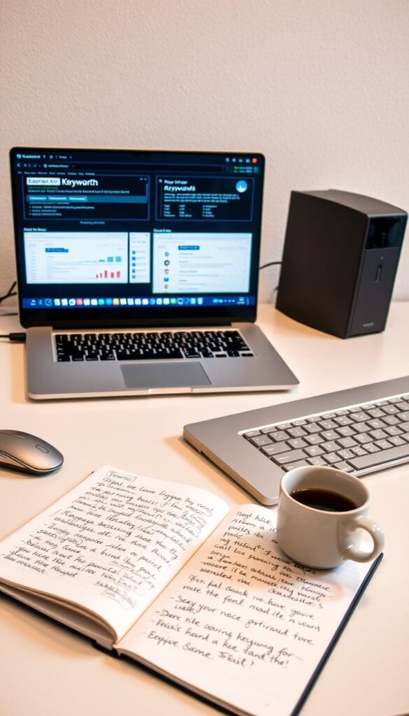 A detailed, well-lit desktop scene showcasing an array of keyword research tools. In the foreground, a clean, minimalist workspace with a modern laptop, a sleek mouse, and a high-quality mechanical keyboard. On the laptop screen, various keyword research software interfaces are displayed, each offering a unique set of features and insights. In the middle ground, an open notebook with handwritten notes and a cup of coffee, conveying a sense of focused productivity. The background features a clean, neutral-toned wall, giving the scene a professional and organized appearance. The overall mood is one of efficiency, analysis, and the pursuit of effective long-tail keyword strategies.