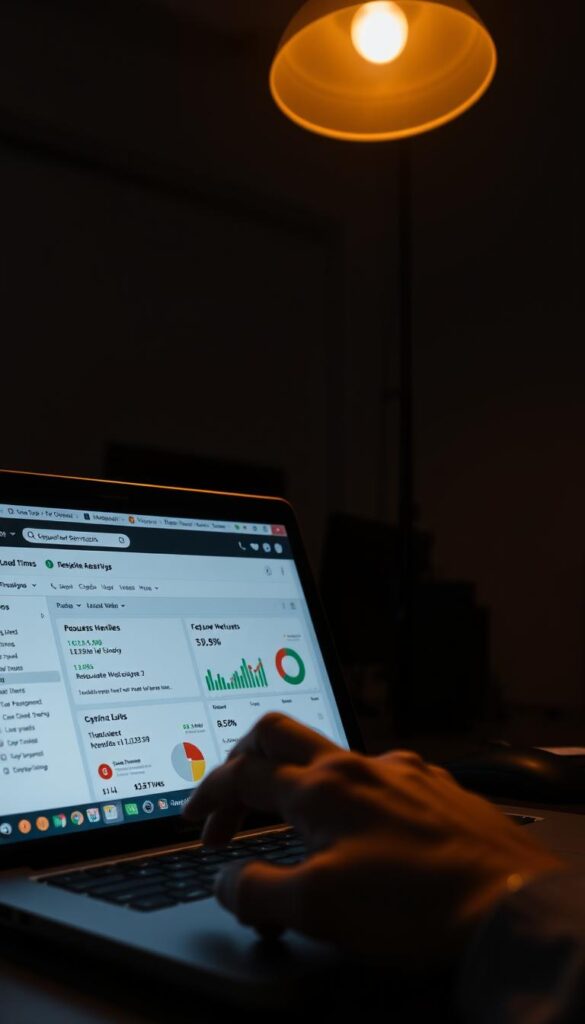 A dimly lit office workspace with a laptop screen displaying a website performance analysis dashboard. The dashboard shows various metrics like load times, requests, and resource optimization suggestions. In the foreground, a hand hovers over the mouse, ready to inspect the data. The middle ground features stylized icons and visualizations to represent website performance factors. The background has a subtle grid pattern to suggest the technical nature of the subject. The lighting is slightly moody, with a warm, focused glow on the laptop screen, creating a contemplative atmosphere as the analyst reviews the website's load time data.
