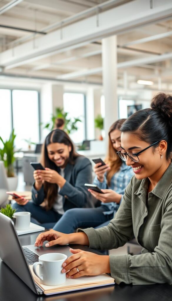 A dynamic group of diverse people deeply engaged with their smartphones, laptops, and tablets. In the foreground, a young professional woman smiling as she types intently on her laptop, surrounded by coffee mugs and an open notebook. In the middle ground, a group of friends laugh and gesticulate while reviewing posts on their phones. In the background, an open-plan office space with potted plants and modern furniture, lit by soft, natural lighting. The overall atmosphere is one of vibrant, productive digital connectivity, reflecting the active engagement of a modern social media audience.