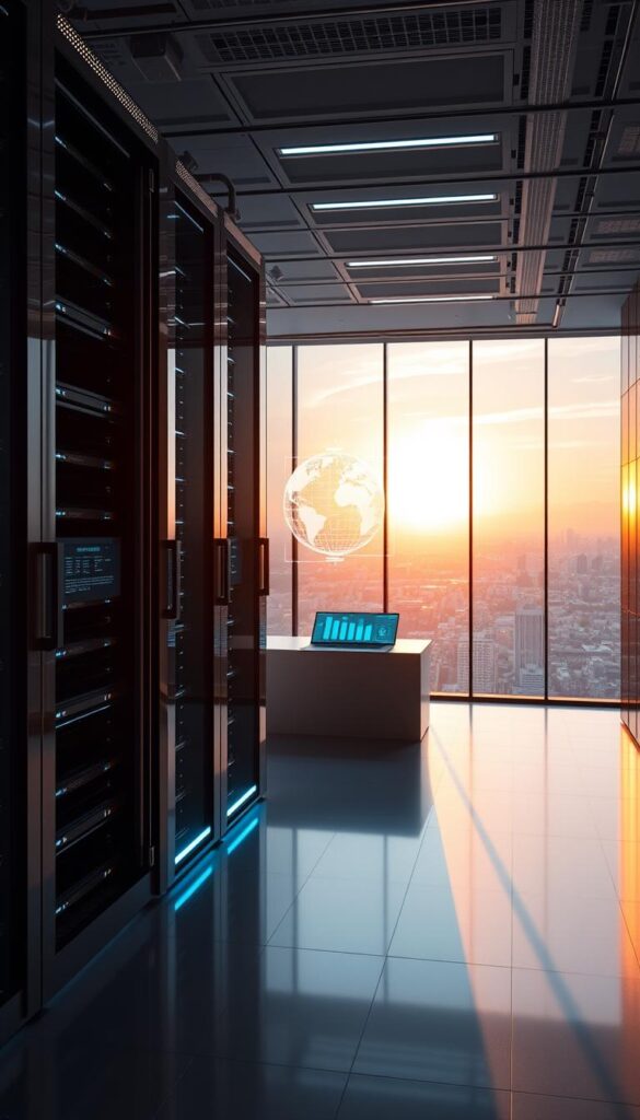 A futuristic data center with a towering, chrome-plated server rack in the foreground, casting long shadows across the sleek, minimalist interior. The rack is flanked by glowing network cables and LED-illuminated access panels. In the middle ground, a holographic interface hovers above a control desk, displaying real-time data visualizations. The background features a vast, panoramic window overlooking a sprawling cityscape, bathed in the warm glow of a setting sun. The scene conveys the power, efficiency, and global reach of a modern content delivery network.