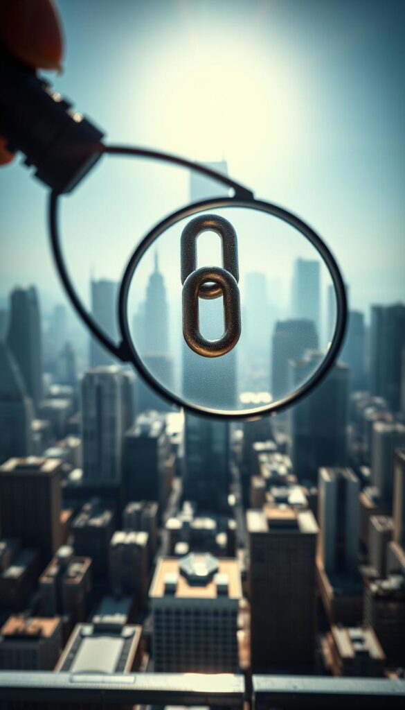 A high-quality backlink is a hyperlink from a reputable, authoritative website that is relevant to the content of the page it links to. The image should depict this concept visually. In the foreground, show a magnifying glass hovering over a backlink, highlighting its key quality factors: domain authority, relevance, and trustworthiness. In the middle ground, display a grid of backlinks of varying quality, with the high-quality ones shining brightly and the low-quality ones appearing dull and unimpressive. In the background, create a cityscape of skyscrapers representing the digital landscape, with the sun shining down to illuminate the valuable backlinks. Use a cinematic, high-contrast lighting setup to convey the importance and impact of backlink quality. Angle the camera to create a sense of depth and emphasize the hierarchy of the elements. The overall mood should be one of clarity, focus, and the strategic importance of building a strong backlink profile.