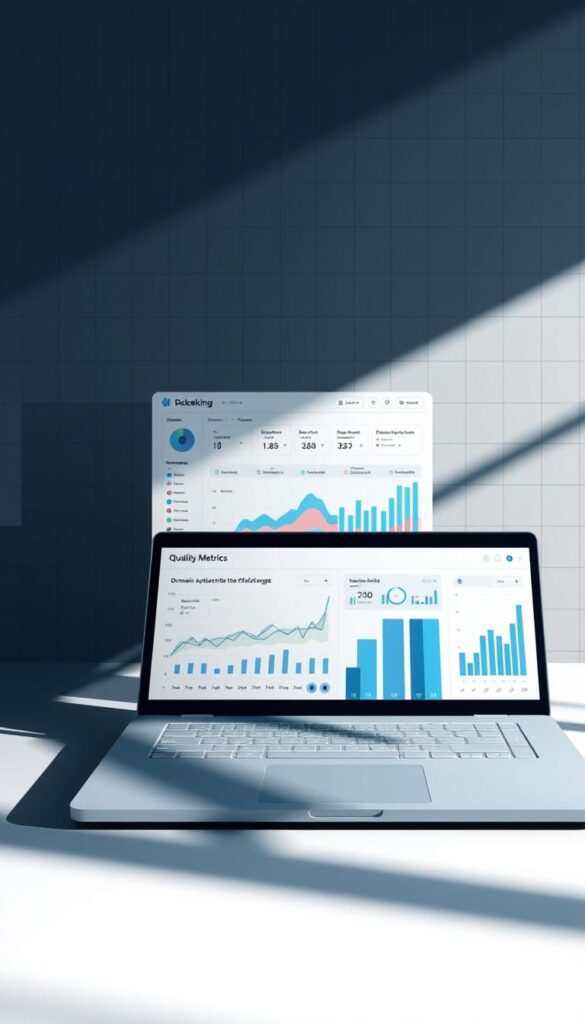 A high-quality digital illustration depicting backlink quality metrics in a sleek, modern style. In the foreground, a series of intuitive data visualization charts and graphs hover over a smooth desktop surface, meticulously displaying key backlink performance indicators such as domain authority, link relevance, and referral traffic. The middle ground features a minimalist user interface with customizable dashboards and filtering options, allowing for deep analysis of the backlink portfolio. In the background, a subtle grid pattern and muted color palette convey a sense of technological sophistication. Dramatic side lighting casts long shadows, heightening the sense of depth and emphasizing the clarity of the data presentation. The overall mood is one of analytical precision and data-driven decision-making.
