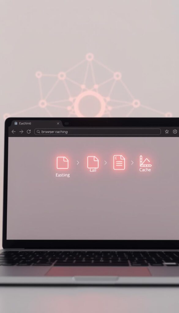 A high-resolution, detailed rendering of a web browser window, showcasing the caching process. The browser is positioned in the foreground, with a clean, minimalist interface. In the middle ground, a series of files and assets are being cached, represented by glowing geometric shapes and icons. The background features a stylized network diagram, with interconnected nodes and data flows, symbolizing the underlying infrastructure that powers browser caching. The lighting is soft and diffused, creating a serene, technical atmosphere. The camera angle is slightly elevated, providing a clear, unobstructed view of the caching dynamics.
