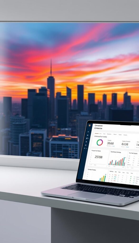 A modern, minimalist website interface with a focused conversion rate optimization section. In the foreground, a clean dashboard displaying key metrics and optimization insights. The middle ground features a laptop displaying A/B testing results, while the background showcases a stylized cityscape with skyscrapers and a vibrant sunset sky. The overall atmosphere is one of efficiency, data-driven decision making, and a sense of progress towards greater online conversions.