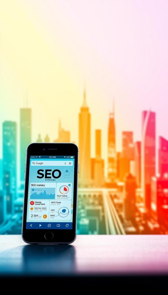 A modern mobile device prominently displayed in the foreground, its screen showcasing various SEO strategies and metrics. In the middle ground, a stylized cityscape with skyscrapers and digital infrastructure, symbolizing the interconnected nature of mobile and online presence. The background features a vibrant gradient of colors, conveying the dynamic and ever-evolving landscape of mobile search optimization. Bright, directional lighting illuminates the scene, creating a sense of clarity and focus. The overall composition exudes a sleek, technological aesthetic, reflecting the cutting-edge nature of effective mobile SEO tactics.