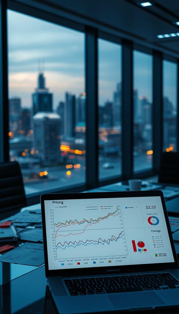 A modern office setting with a large glass window overlooking a cityscape. On the desk, various price tags, charts, and graphs are strewn about, representing the competitive landscape. In the foreground, a laptop displays a detailed analysis of pricing trends, with lines and arrows highlighting areas of focus. The lighting is cool and professional, with a touch of ambient glow from the cityscape outside. The overall mood conveys a sense of strategic planning and data-driven decision making.