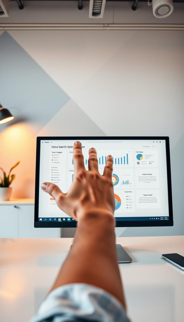 A modern office setting with a minimalist, clean aesthetic. In the foreground, a computer screen displays a voice search optimization dashboard, showcasing insightful metrics and strategies. In the middle ground, a hand gestures towards the screen, highlighting the importance of voice search optimization. The background features geometric shapes and gradients, creating a sense of depth and focus on the central elements. Warm, directional lighting illuminates the scene, conveying a professional and analytical mood. The overall composition emphasizes the significance of voice search optimization strategies in boosting online visibility.