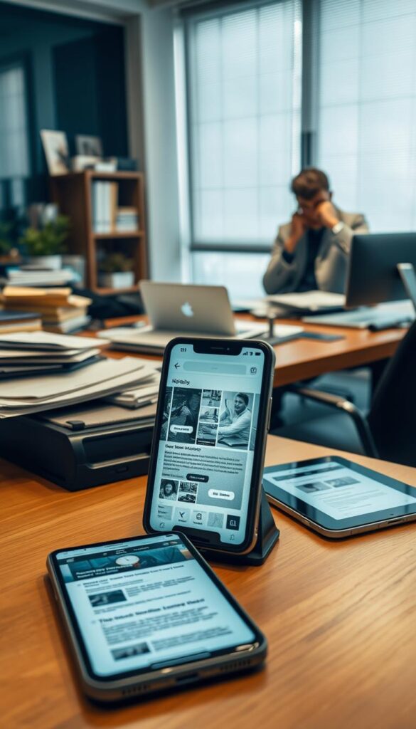 A modern office with a cluttered, disorganized desk. On the screen of a smartphone, a distorted, unresponsive website. Nearby, a tablet with a poorly designed, illegible mobile interface. In the background, a frustrated business person evaluating the suboptimal mobile experience. Muted, warm lighting accentuates the tension and sense of missed opportunities. The scene conveys the common pitfalls of neglecting mobile optimization, urging viewers to reflect on their own digital presence.