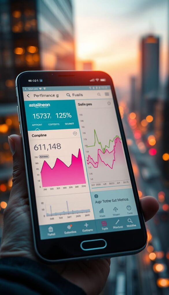A sleek and modern mobile device screen showcases various performance analysis tools, their intuitive interfaces displayed in crisp detail. In the foreground, a line graph plots app usage metrics, while in the middle, a heat map visualizes user touchpoints. The background features a stylized cityscape, conveying the urban, fast-paced nature of mobile optimization. Warm lighting casts a subtle glow, creating a professional and tech-savvy atmosphere. The composition emphasizes the seamless integration of data-driven insights into the mobile experience, ready to guide strategic decisions for higher conversions.
