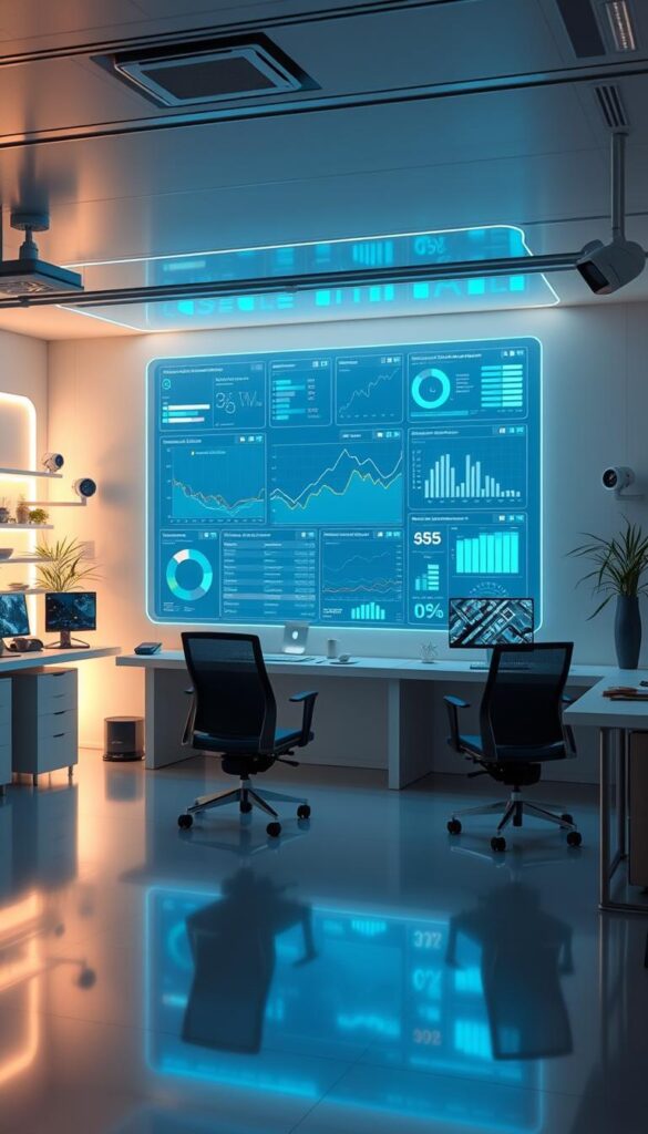 A sleek, futuristic workspace with a large holographic display showcasing real-time competitor analytics. Cutting-edge tracking tools and AI-powered data visualizations fill the screen, illuminating key performance metrics and market insights. The room is bathed in a soft, ambient glow, creating an atmosphere of focus and innovation. Strategically placed sensors and cameras discretely monitor the competitive landscape, feeding a powerful algorithm that anticipates market shifts. Ergonomic workstations and minimalist decor hint at a highly efficient, technology-driven approach to competitor analysis.