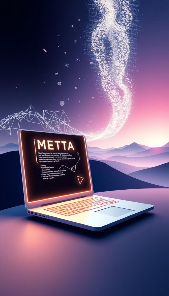 A surreal and minimalist digital illustration depicting the concept of "meta tags optimization". In the foreground, a sleek, futuristic-looking laptop with a glowing monitor displays a series of interlocking geometric shapes and lines, representing the complex web of meta tags and optimized metadata. In the middle ground, ethereal particles and data streams swirl and converge, hinting at the dynamic and interconnected nature of online visibility and search engine optimization. The background is a serene, gradient-filled landscape, conveying a sense of balance and harmony between technology and the natural world. The overall mood is one of precision, innovation, and the seamless integration of digital and physical elements.