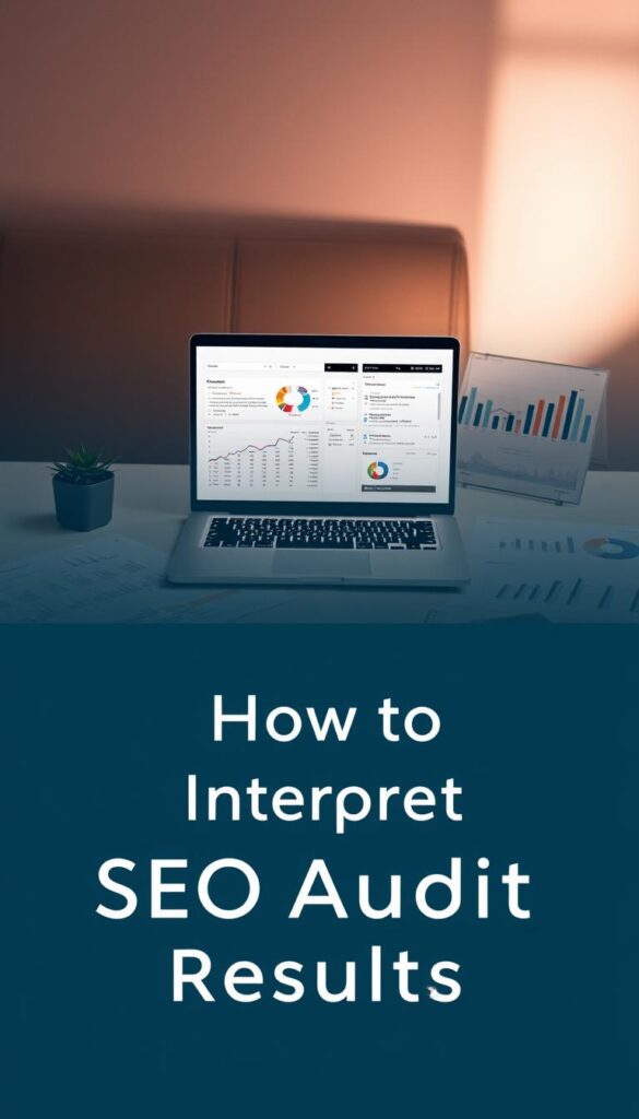 A thoughtful analysis of SEO audit results, visualized with a clean, minimalist aesthetic. In the foreground, a laptop displays a detailed SEO report, its screen radiating a soft, warm glow. Surrounding the laptop, a scattered arrangement of charts, graphs, and data visualizations illustrate key SEO metrics and insights. The middle ground features a desk or work surface, its clean, uncluttered design complementing the digital information. In the background, a gentle, muted color palette sets a contemplative tone, allowing the analytical elements to take center stage. Dramatic, directional lighting casts subtle shadows, emphasizing the importance and weight of the SEO data. The overall scene conveys a sense of focused, productive analysis that will guide the viewer's understanding of the "How to Interpret SEO Audit Results" section.