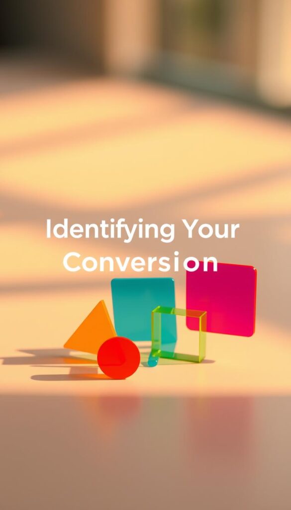 A vibrant and visually engaging illustration of "CRO strategies" that showcases the key elements of identifying conversion goals. Set against a softly blurred background, the foreground features a group of colorful geometric shapes - circles, triangles, and rectangles - each representing a distinct conversion metric or KPI. The shapes are arranged in a dynamic, asymmetrical composition, suggesting the interconnected nature of these strategies. Warm, directional lighting casts subtle shadows, adding depth and dimension to the scene. The overall mood is one of clarity, focus, and strategic thinking, perfectly complementing the "Identifying Your Conversion Goals" section of the article.
