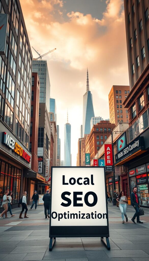 A vibrant cityscape with a bustling main street, storefronts, and pedestrians. In the foreground, a sign featuring the text "Local SEO Optimization" stands prominently, illuminated by warm, directional lighting. The middle ground showcases small businesses, including a web design agency, a digital marketing firm, and a local SEO consultant's office. In the background, skyscrapers and a partly cloudy sky create a dynamic urban environment. The overall mood conveys a sense of growth, collaboration, and the importance of optimizing online presence for local businesses.