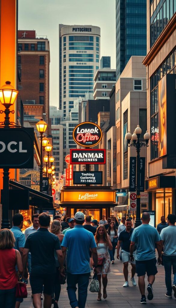 A vibrant cityscape with a bustling street corner, illuminated by warm, golden lighting from street lamps and store fronts. In the foreground, a group of people walking, talking, and interacting, representing the local community. In the middle ground, a prominent sign or storefront showcasing a local business, its name and branding clearly visible. In the background, a mix of modern and traditional architecture, suggesting a thriving, diverse urban environment. The overall atmosphere conveys a sense of local pride, community engagement, and the importance of optimizing one's online presence to capitalize on this vibrant, authentic setting.