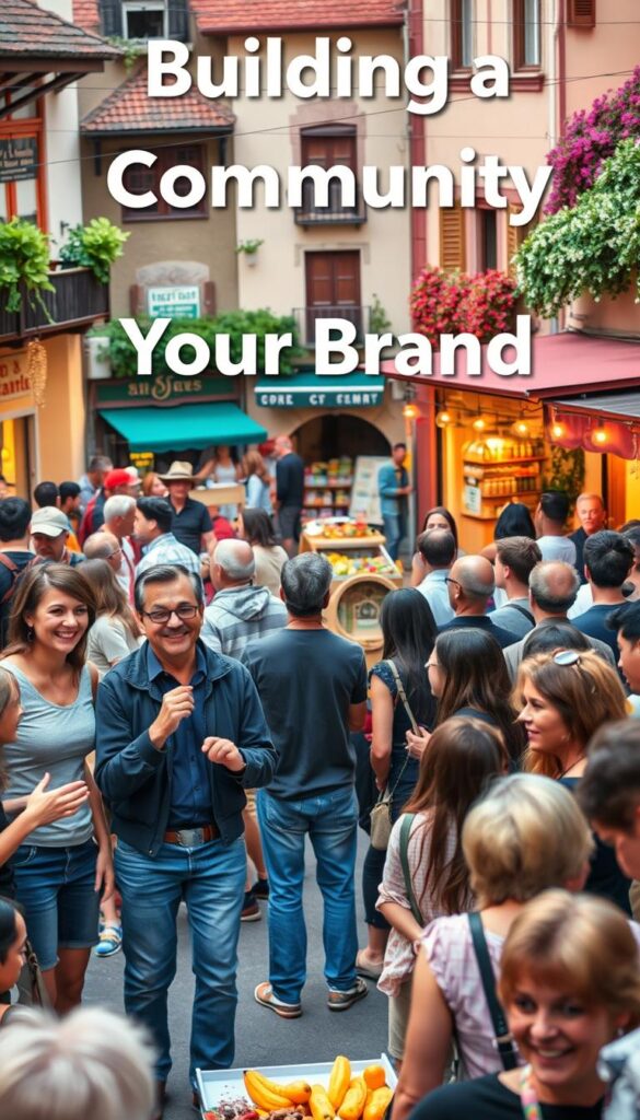 A vibrant community gathering in a cozy town square, filled with people of diverse backgrounds engaging in lively conversations. In the foreground, a group of friends laughing and gesturing animatedly, while in the middle ground, a vendor sells local produce, and a street performer captivates the crowd. The background is a charming mix of quaint shops and cafes, with warm lighting casting a inviting glow. The overall scene conveys a sense of connection, collaboration, and a shared sense of belonging, perfectly capturing the essence of "Building a Community Around Your Brand".
