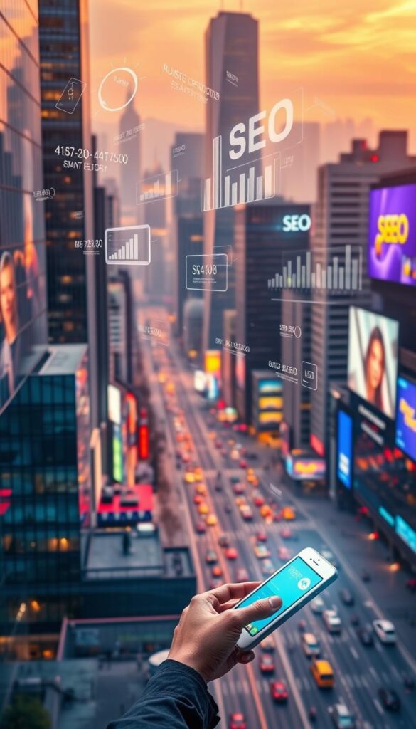 A vibrant, ultramodern cityscape with towering skyscrapers and bustling streets. In the foreground, a user navigating a sleek, responsive mobile device, their face illuminated by the device's screen. In the middle ground, abstract data visualizations and SEO metrics hover in the air, pulsing with energy. The background features a sprawling city skyline, with neon-lit billboards and digital signage reflecting off the glass facades. The scene is bathed in a warm, golden light, creating a sense of technological progress and innovation. The overall atmosphere conveys the synergy between user experience and SEO optimization, harnessing the power of digital technology to drive success.