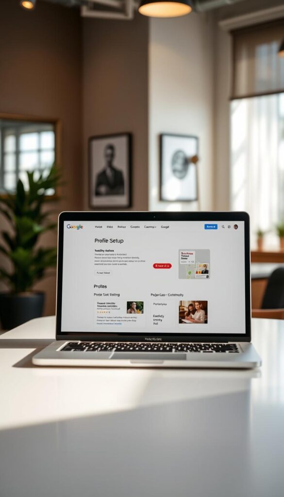 A well-lit and visually appealing screenshot of a Google My Business profile setup page, showcasing a sleek and modern user interface. The foreground features a MacBook or similar device displaying the profile setup process, with clean typography, intuitive navigation, and a minimalist design. The middle ground includes a neatly organized dashboard, highlighting key sections such as business information, photos, and reviews. The background subtly suggests a professional office setting, with tasteful decor and natural lighting that creates a warm and inviting atmosphere. The overall composition conveys a sense of efficiency, attention to detail, and a focus on providing a seamless local SEO experience.