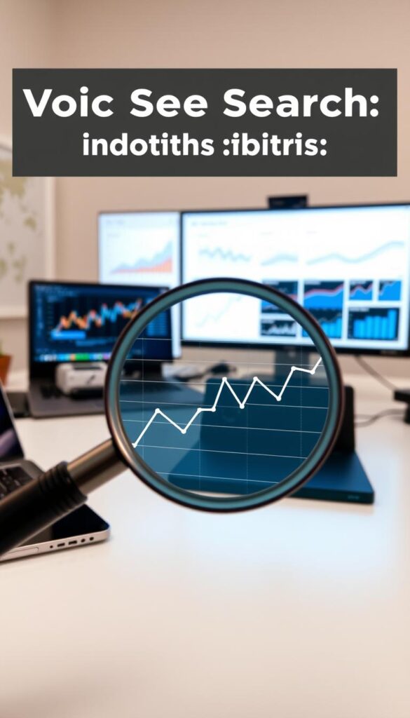 A well-lit, clean workspace with a laptop, smartphone, and assorted analytics dashboards displayed on a large monitor. In the foreground, a magnifying glass hovers over a line graph depicting voice search metrics such as click-through rate, conversion rate, and search volume. The background features a subtle world map, symbolizing the global reach of voice-based interactions. The overall scene conveys a sense of data-driven optimization, with a focus on extracting insights from voice search performance indicators.
