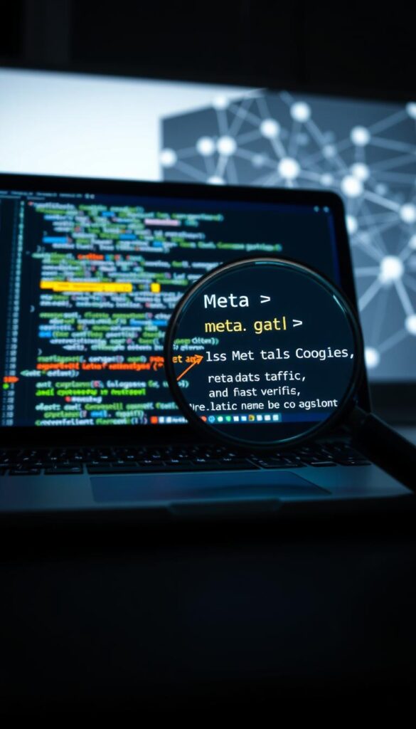 A well-lit, high-resolution digital illustration depicting the optimization of meta tags for improved website visibility. In the foreground, a laptop screen displays a web page's HTML code, with various meta tags highlighted and annotated. In the middle ground, a magnifying glass examines the meta tag elements, emphasizing their importance. The background features a stylized network diagram, representing the interconnected nature of online search and discovery. The overall scene conveys a sense of technical precision and the strategic significance of meta tag optimization for driving website traffic and click-through rates.