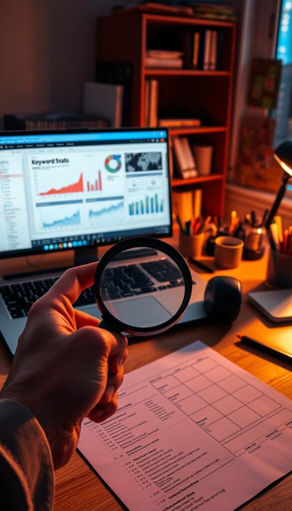 A workspace with a laptop, magnifying glass, and various office supplies, illuminated by warm, directional lighting that casts subtle shadows. In the foreground, a hand holding the magnifying glass, examining a sheet of paper with keyword research data. In the middle ground, the laptop screen displays analytical charts and graphs, while the background features a bookshelf, a cork board with sticky notes, and a window providing a glimpse of a cityscape.