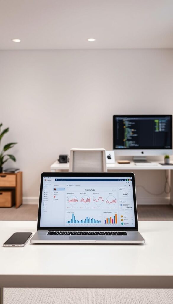 Backlink analysis software displayed in a clean, minimalist workspace. In the foreground, a sleek laptop displays a sophisticated dashboard with intuitive metrics and analytics. Surrounding it, a variety of digital tools and devices, including a smartphone, a tablet, and a desktop monitor, all seamlessly integrated. The middle ground showcases a neatly organized desk with a modern, ergonomic chair, creating a professional and productive environment. In the background, a neutral-toned wall with subtle geometric patterns provides a calming and focused ambiance. Soft, indirect lighting illuminates the scene, highlighting the technological elegance and efficiency of the backlink analysis software.