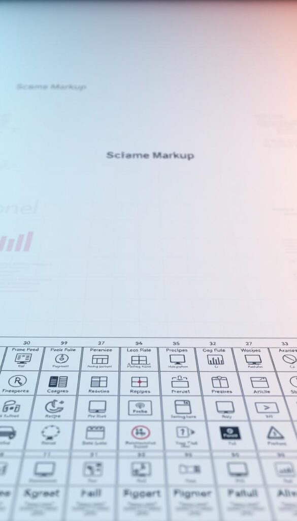 Detailed schematic diagram depicting various types of schema markup, rendered in a technical, informative style. Foreground shows a grid of different schema markups like product, recipe, article, and more, with clear icons and labels. Middle ground features a clean, minimalist background with subtle grid lines and data visualizations. Backlighting gently illuminates the scene, creating a modern, data-driven atmosphere. Rendered with a high level of precision and visual clarity to aid comprehension of schema markup concepts.