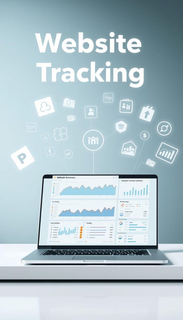 High-quality digital illustration of website performance tracking tools, including a laptop screen displaying analytics dashboards, network traffic graphs, and performance metrics. The foreground features a modern, minimalist-style laptop with a sleek metallic finish, positioned on a clean white desk. The middle ground showcases various performance monitoring tools, icons, and visualizations floating around the laptop, conveying the idea of comprehensive data tracking. The background is a soft, blurred gradient in shades of blue and gray, creating a professional, technological atmosphere. The lighting is soft and diffused, with subtle highlights on the laptop surface. The overall composition is balanced, with a focus on the analytical tools and their intuitive visual representation.