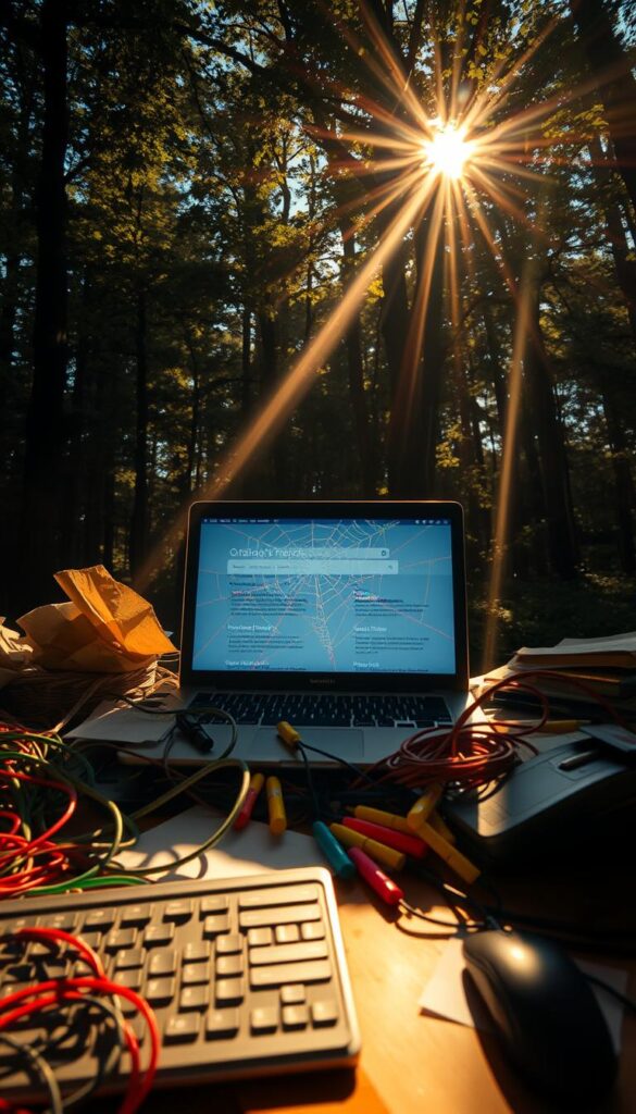 Radiant sunlight filters through a dense forest canopy, casting dappled shadows on a cluttered desktop. In the foreground, a keyboard and mouse sit amidst a tangle of colorful cables, highlighters, and scattered papers. The middle ground features a laptop screen displaying a search engine results page, its content obscured by a vibrant spider web of interconnected keywords. In the background, the shadowy silhouettes of towering trees hint at the hidden complexity of organic search optimization. Warm, earthy tones and a sense of depth create an atmosphere of contemplation, hinting at the challenges and opportunities of effective keyword strategy.