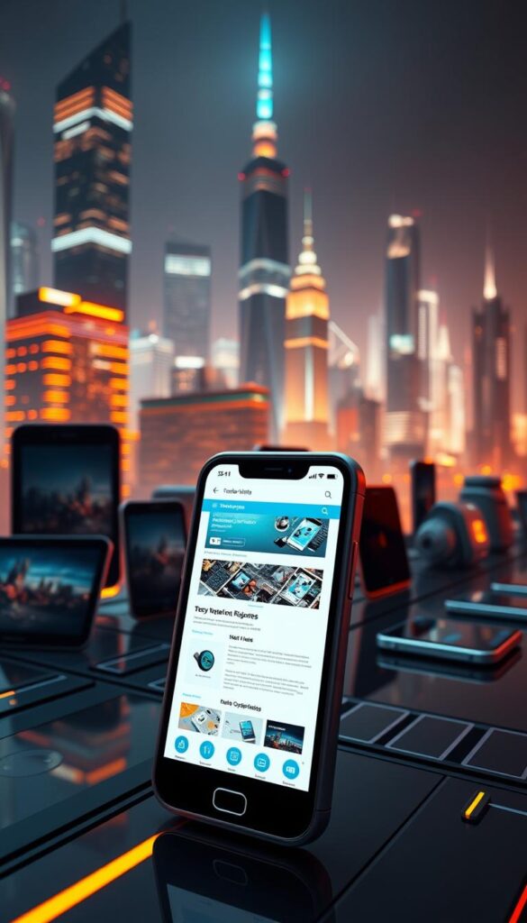 a detailed, futuristic scene of mobile optimization, with a mobile device in the foreground prominently displayed, its screen illuminated and showcasing a responsive, user-friendly web interface. In the middle ground, various mobile devices in different orientations and sizes are arranged, representing the diversity of devices and screen sizes that need to be accounted for in mobile optimization. The background features a cityscape with towering skyscrapers, conveying the scale and importance of mobile optimization in the digital landscape. The scene is bathed in a warm, futuristic glow, with dramatic lighting and a sense of depth and perspective, highlighting the technical and visually appealing aspects of mobile optimization.