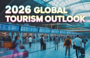 Global Tourism Outlook Surges "create an impactful, dynamic youtube thumbnail that combines multiple elements of global tourism: bustling airport scenes with advanced technology in the us, a vibrant atf event in cebu, and the ongoing infrastructure boom at a major airport. The image should show a high-tech, efficient airport terminal with travelers interacting with futuristic systems. Overlay bold text like '2026 global tourism outlook' in an attention-grabbing font, with energetic colors and a sense of movement. The composite should highlight the blend of technology, growth, and geopolitical shifts impacting the tourism industry. "