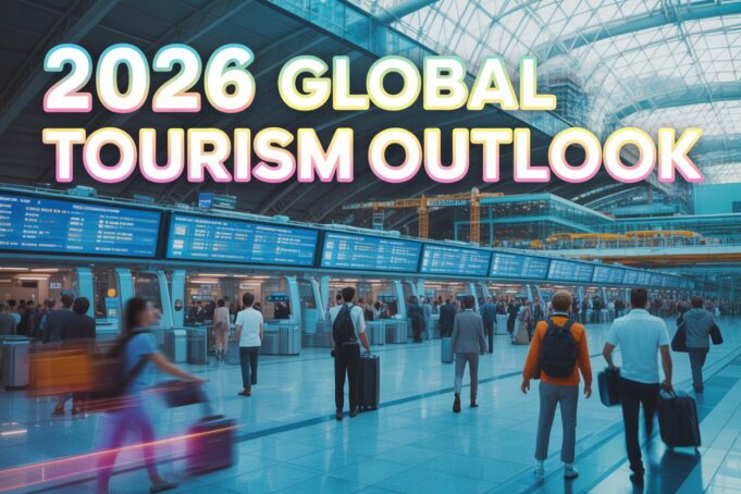 Global Tourism Outlook Surges "create an impactful, dynamic youtube thumbnail that combines multiple elements of global tourism: bustling airport scenes with advanced technology in the us, a vibrant atf event in cebu, and the ongoing infrastructure boom at a major airport. The image should show a high-tech, efficient airport terminal with travelers interacting with futuristic systems. Overlay bold text like '2026 global tourism outlook' in an attention-grabbing font, with energetic colors and a sense of movement. The composite should highlight the blend of technology, growth, and geopolitical shifts impacting the tourism industry. "
